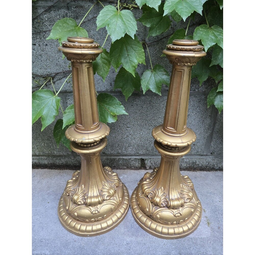 Pair of Ornate Gold Vintage Hollywood Regency Candlesticks 16" H 7" Diameter